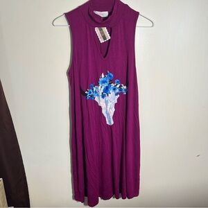 Peach Love California Purple Graphic Sleeveless Shift Dress Mock Neck Size M